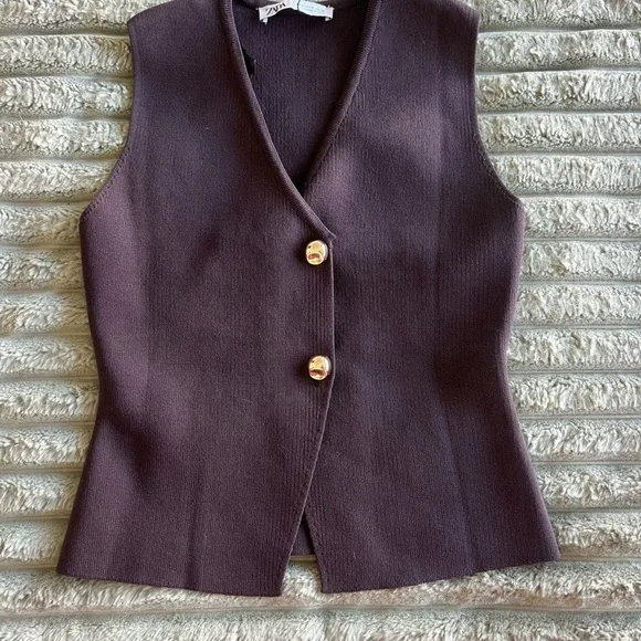 Zara Chocolate Brown Knit Sweater Vest- Size S- New With Tags - Picture 3 of 8